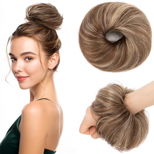 Benehair Echthaar Scrunchies Hochsteckfrisur, Echthaar Haargummi Hochsteckfrisuren, 25g Echte Haare Gerade Dutt, Haarverlängerung Haardutt Rose Dutt für Frauen, Schokoladenbraun mix Hellgold von Benehair