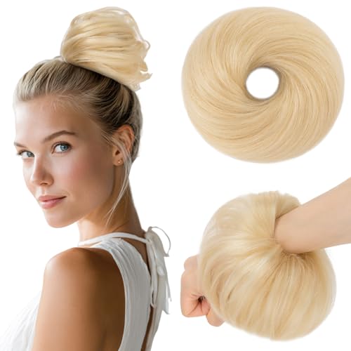 Benehair Echthaar Scrunchies Hochsteckfrisur, Echthaar Haargummi Hochsteckfrisuren, 25g Echte Haare Gerade Dutt, Haarverlängerung Haardutt Rose Dutt für Frauen, Platinblond #60R von Benehair