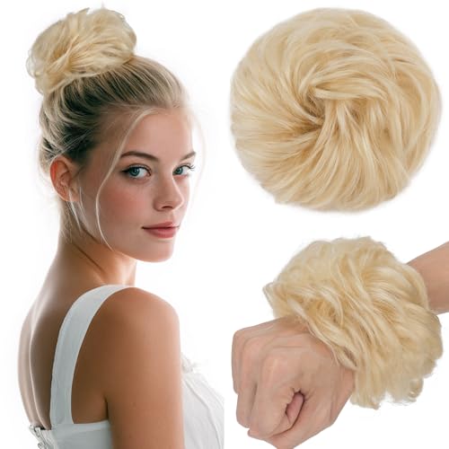 Benehair Echthaar Scrunchies Hochsteckfrisur, Lockig Echthaar Haargummi Hochsteckfrisuren, 25g Echte Haare Lockig Dutt, Haarverlängerung Haardutt Rose Dutt für Frauen, Platinblond #60R von Benehair