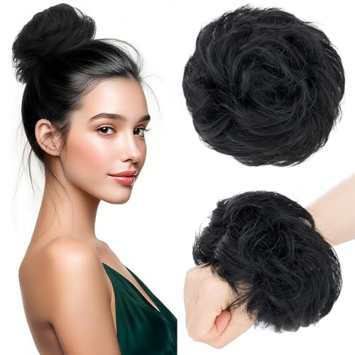 Benehair Echthaar Scrunchies Hochsteckfrisur, Lockig Echthaar Haargummi Hochsteckfrisuren, 25g Echte Haare Lockig Dutt, Haarverlängerung Haardutt Rose Dutt für Frauen, Dunkelschwarz #1 von Benehair