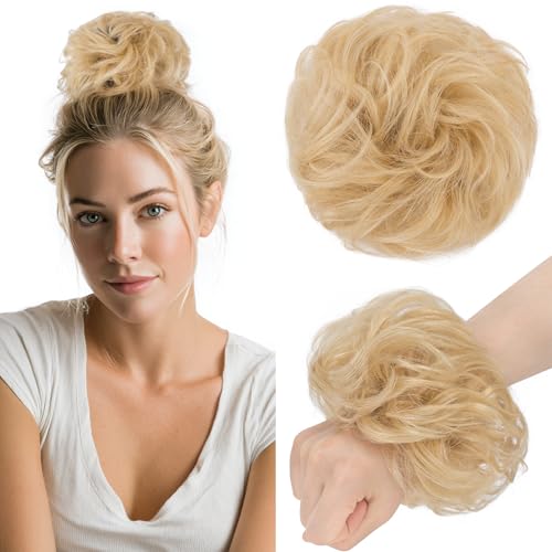 Benehair Echthaar Scrunchies Hochsteckfrisur, Lockig Echthaar Haargummi Hochsteckfrisuren, 25g Echte Haare Lockig Dutt, Haarverlängerung Haardutt Rose Dutt für Frauen, Hellblond #613R von Benehair