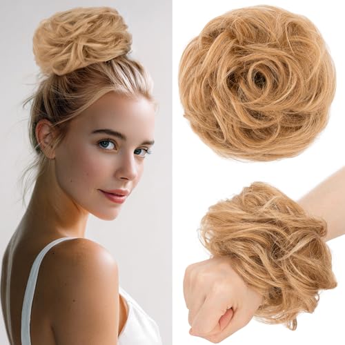 Benehair Echthaar Scrunchies Hochsteckfrisur, Lockig Echthaar Haargummi Hochsteckfrisuren, 25g Echte Haare Lockig Dutt, Haarverlängerung Haardutt Rose Dutt für Frauen, Hellbraun #27R von Benehair