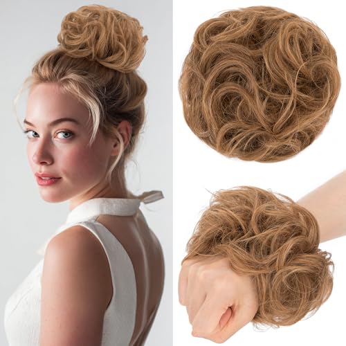 Benehair Echthaar Scrunchies Hochsteckfrisur, Lockig Echthaar Haargummi Hochsteckfrisuren, 25g Echte Haare Lockig Dutt, Haarverlängerung Haardutt Rose Dutt für Frauen, Helles Leinen #6 von Benehair