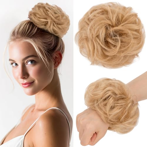 Benehair Echthaar Scrunchies Hochsteckfrisur, Lockig Echthaar Haargummi Hochsteckfrisuren, 25g Echte Haare Lockig Dutt, Haarverlängerung Haardutt Rose Dutt für Frauen, Kamelfarbe #18R von Benehair