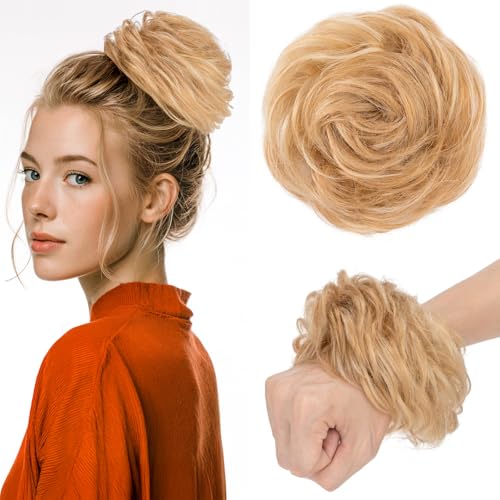 Benehair Echthaar Scrunchies Hochsteckfrisur, Lockig Echthaar Haargummi Hochsteckfrisuren, 25g Echte Haare Lockig Dutt, Haarverlängerung Haardutt Rose Dutt für Frauen, Flachsgelb Gemischt Hellgold von Benehair
