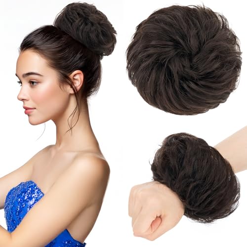 Benehair Echthaar Scrunchies Hochsteckfrisur, Lockig Echthaar Haargummi Hochsteckfrisuren, 25g Echte Haare Lockig Dutt, Haarverlängerung Haardutt Rose Dutt für Frauen, Naturschwarz #1B von Benehair
