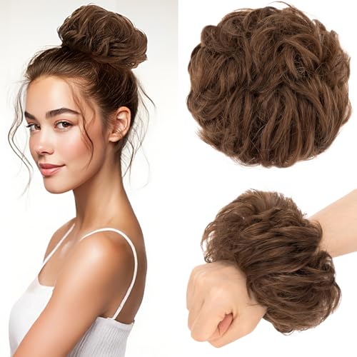 Benehair Echthaar Scrunchies Hochsteckfrisur, Lockig Echthaar Haargummi Hochsteckfrisuren, 25g Echte Haare Lockig Dutt, Haarverlängerung Haardutt Rose Dutt für Frauen, Schokoladenbraun #4R von Benehair