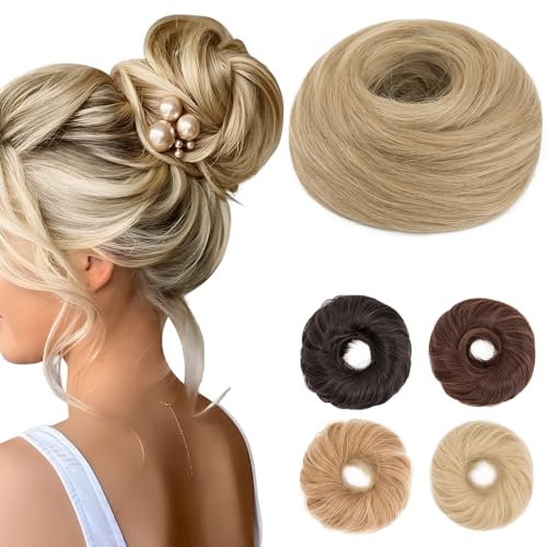 Benehair Haarteil Mit Gummiband Dutt Haarteil Haargummi Mit Haaren Synthetisch Haarverlängerung Haardutt Messy Bun für Damen Mädchen(Aschblond, 55g) von Benehair