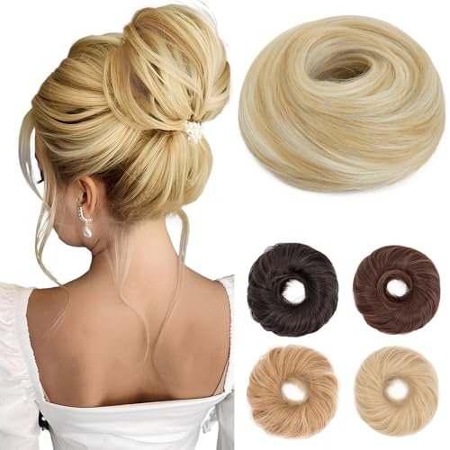 Benehair Haarteil Mit Gummiband Dutt Haarteil Haargummi Mit Haaren Synthetisch Haarverlängerung Haardutt Messy Bun für Damen Mädchen(Blond mit Bleach Blonde, 55g) von Benehair