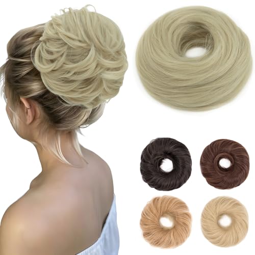 Benehair Haarteil Mit Gummiband Dutt Haarteil Haargummi Mit Haaren Synthetisch Haarverlängerung Haardutt Messy Bun für Damen Mädchen(Gebleichtes Blond, 55g) von Benehair