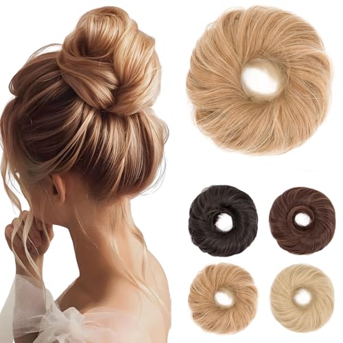 Benehair Haarteil Mit Gummiband Dutt Haarteil Haargummi Mit Haaren Synthetisch Haarverlängerung Haardutt Messy Bun für Damen Mädchen(Hellbraun bis Hellblond, 55g) von Benehair