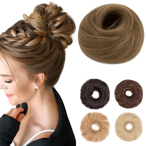 Benehair Haarteil Mit Gummiband Dutt Haarteil Haargummi Mit Haaren Synthetisch Haarverlängerung Haardutt Messy Bun für Damen Mädchen(Hellbraune Mischung aus natürlichem Blond, 55g) von Benehair