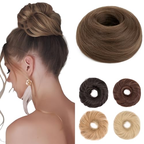 Benehair Haarteil Mit Gummiband Dutt Haarteil Haargummi Mit Haaren Synthetisch Haarverlängerung Haardutt Messy Bun für Damen Mädchen(Helles Goldbraun, 55g) von Benehair