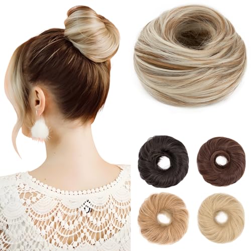 Benehair Haarteil Mit Gummiband Dutt Haarteil Haargummi Mit Haaren Synthetisch Haarverlängerung Haardutt Messy Bun für Damen Mädchen(Sandblond mit Bleach Blonde, 55g) von Benehair
