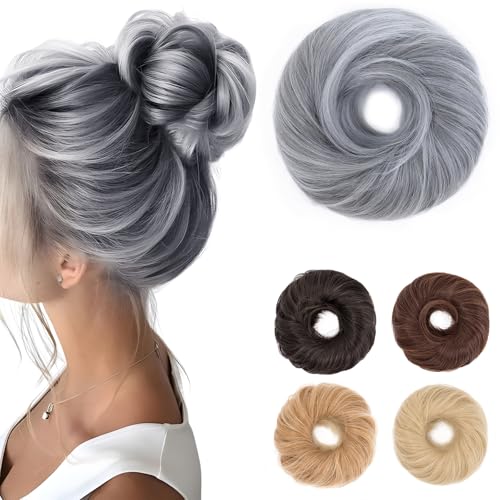 Benehair Haarteil Mit Gummiband Dutt Haarteil Haargummi Mit Haaren Synthetisch Haarverlängerung Haardutt Messy Bun für Damen Mädchen(Schwarz mit Grau, 55g) von Benehair