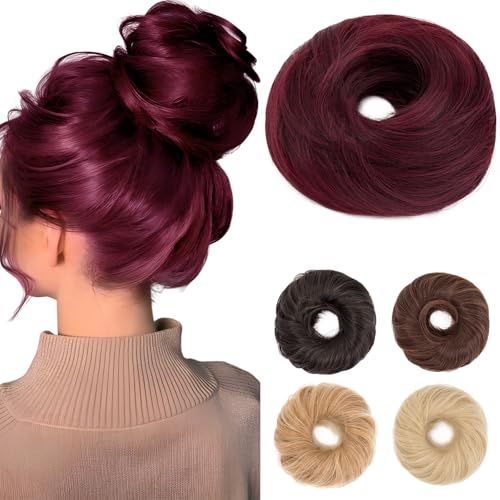 Benehair Haarteil Mit Gummiband Dutt Haarteil Haargummi Mit Haaren Synthetisch Haarverlängerung Haardutt Messy Bun für Damen Mädchen(Weinrot, 55g) von Benehair