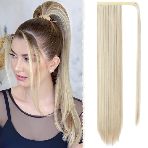 Benehair Lang Glattes Pferdeschwanz Haarteil Synthetik Haarverlängerung Zopf Haar Extension Haarteil Zopf Ponytail Extension für Damen Mädchen Blond mit Hellbraunen Strähnen 71cm von Benehair