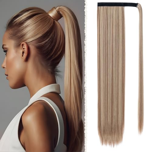 Benehair Lang Glattes Pferdeschwanz Haarteil Synthetik Haarverlängerung Zopf Haar Extension Haarteil Zopf Ponytail Extension für Damen Mädchen Braun mit Aschblonden Strähnen 71cm von Benehair
