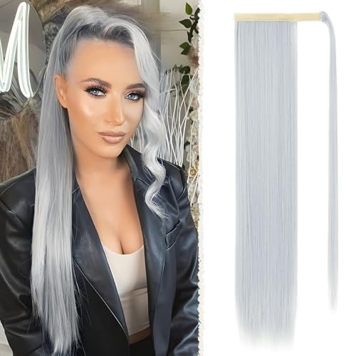 Benehair Lang Glattes Pferdeschwanz Haarteil Synthetik Haarverlängerung Zopf Haar Extension Haarteil Zopf Silbergrau Ponytail Extension für Damen Mädchen Silbergrau 71cm von Benehair