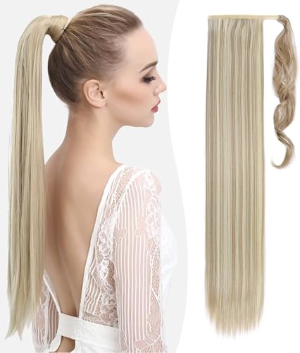 Benehair Lang Glattes Pferdeschwanz Haarteil Synthetik Haarverlängerung Zopf Ponytail Extension Haarteil Zopf Blond Mix Braun Haar Extension für Damen Mädchen Blond Mix Braun 81cm von Benehair