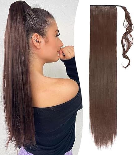 Benehair Lang Glattes Pferdeschwanz Haarteil Synthetik Haarverlängerung Zopf Ponytail Extension Haarteil Zopf Braun Haar Extension für Damen Mädchen Braun 81cm von Benehair