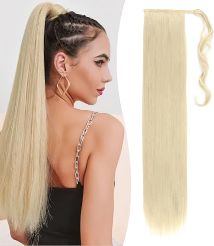 Benehair Lang Glattes Pferdeschwanz Haarteil Synthetik Haarverlängerung Zopf Ponytail Extension Haarteil Zopf Gebleichtes Blond Haar Extension für Damen Mädchen Gebleichtes Blond 81cm von Benehair