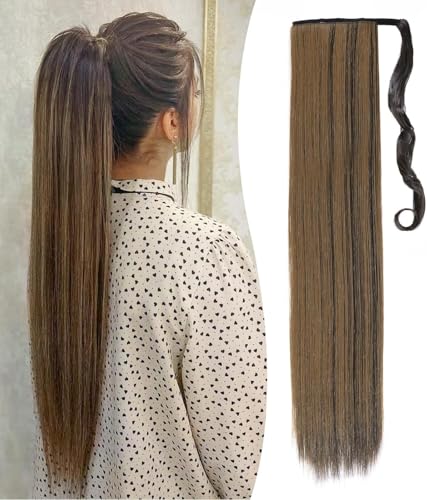 Benehair Lang Glattes Pferdeschwanz Haarteil Synthetik Haarverlängerung Zopf Ponytail Extension Haarteil Zopf Haar Extension für Damen Mädchen Dunkelbraun/Goldenes Rotbraun 81cm von Benehair