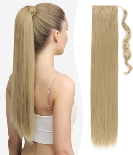 Benehair Lang Glattes Pferdeschwanz Haarteil Synthetik Haarverlängerung Zopf Ponytail Extension Haarteil Zopf Haar Extension für Damen Mädchen Hellblond Mix Bleichblond 81cm von Benehair