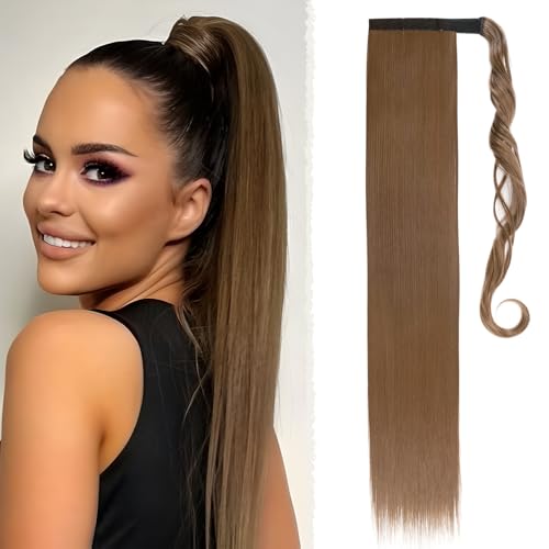 Benehair Lang Glattes Pferdeschwanz Haarteil Synthetik Haarverlängerung Zopf Ponytail Extension Haarteil Zopf Mittelbraun Haar Extension für Damen Mädchen Mittelbraun 66cm von Benehair