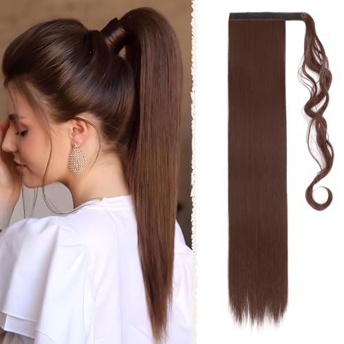 Benehair Lang Glattes Pferdeschwanz Haarteil Synthetik Haarverlängerung Zopf Ponytail Extension Haarteil Zopf Natürliches Braun Haar Extension für Damen Mädchen Natürliches Braun 66cm von Benehair