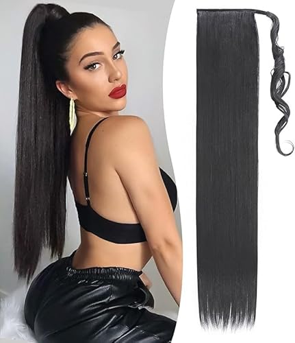 Benehair Lang Glattes Pferdeschwanz Haarteil Synthetik Haarverlängerung Zopf Ponytail Extension Haarteil Zopf Schwarz Haar Extension für Damen Mädchen Schwarz 81cm von Benehair