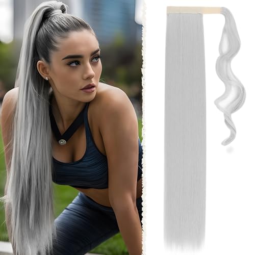 Benehair Lang Glattes Pferdeschwanz Haarteil Synthetik Haarverlängerung Zopf Ponytail Extension Haarteil Zopf Silbergrau Haar Extension für Damen Mädchen Silbergrau 66cm von Benehair
