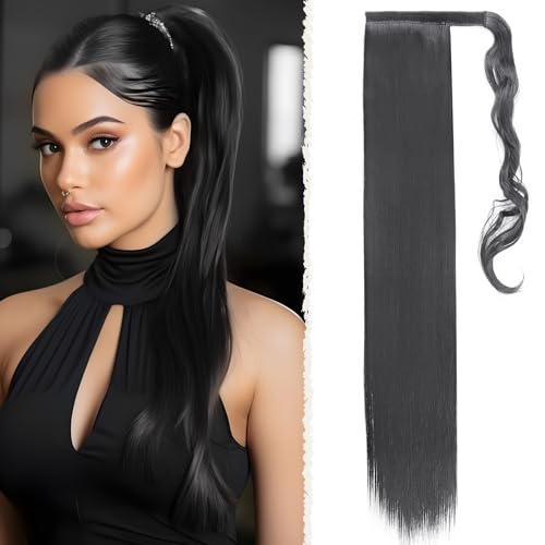 Benehair Lang Glattes Pferdeschwanz Haarteil Synthetik Haarverlängerung Zopf Ponytail Extension Haarteil Zopf Tiefschwarz Haar Extension für Damen Mädchen Tiefschwarz 66cm von Benehair
