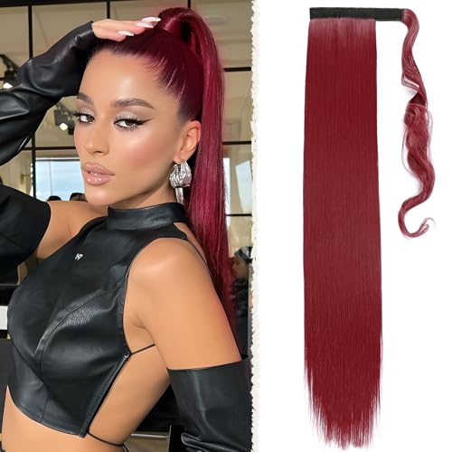 Benehair Lang Glattes Pferdeschwanz Haarteil Synthetik Haarverlängerung Zopf Ponytail Extension Haarteil Zopf Weinrot Haar Extension für Damen Mädchen Weinrot 66cm von Benehair