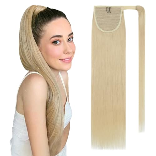 Benehair Ponytail Extension Echthaar, 100% Echthaar Zopf Extensions Echthaar, Wrap Around Ponytail für Frauen, Hellblonde Pferdeschwanz Echtes Haar Haarverlängerung 40 CM 80g #613 von Benehair
