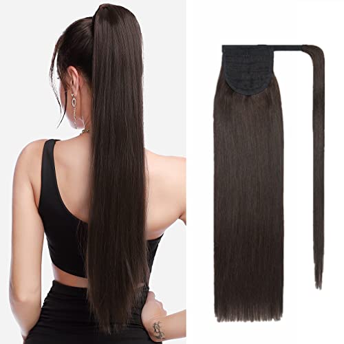 Benehair Ponytail Extension Echthaar, 100% Echthaar Zopf Extensions Echthaar, Wrap Around Ponytail für Frauen, Dunkel Braun Pferdeschwanz Echtes Haar Haarverlängerung 35 CM 80g #2 von Benehair