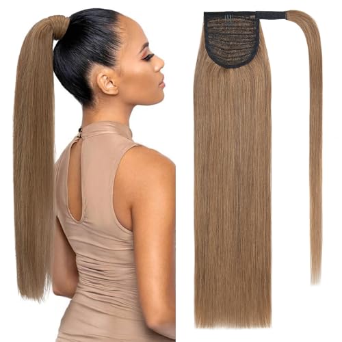 Benehair Ponytail Extension Echthaar, 100% Echthaar Zopf Extensions Echthaar, Wrap Around Ponytail für Frauen, Hellbraun Pferdeschwanz Echtes Haar Haarverlängerung 35 CM 80g #6 von Benehair