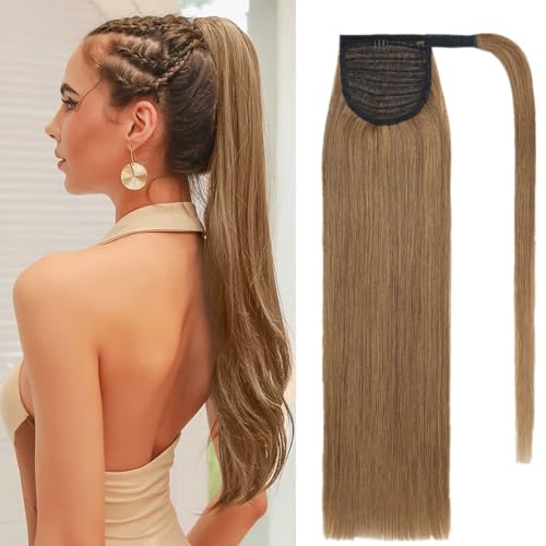 Benehair Ponytail Extension Echthaar, 100% Echthaar Zopf Extensions Echthaar, Wrap Around Ponytail für Frauen, Hellbraun Pferdeschwanz Echtes Haar Haarverlängerung 55 CM 95g #6 von Benehair