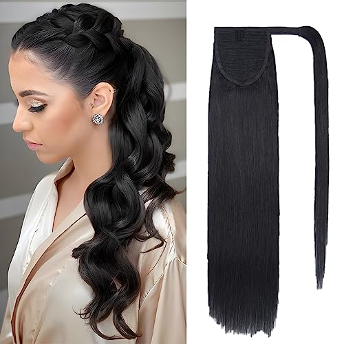 Benehair Ponytail Extension Echthaar, 100% Echthaar Zopf Extensions Echthaar, Wrap Around Ponytail für Frauen, Dunkles Schwarz Pferdeschwanz Echtes Haar Haarverlängerung 40 CM 80g #1 von Benehair