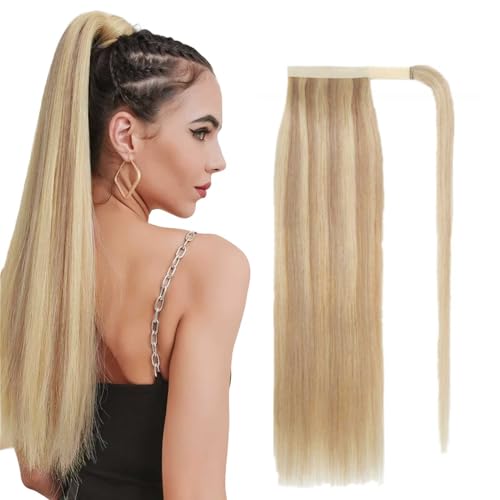 Benehair Ponytail Extension Echthaar, 100% Echthaar Zopf Extensions Echthaar, Wrap Around Ponytail für Frauen, Blond Highlights Bleichblond Pferdeschwanz Echtes Haar Haarverlängerung 40CM 80g #18P613 von Benehair