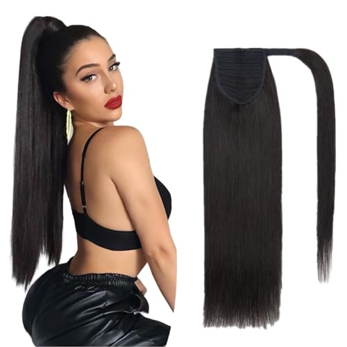 Benehair Ponytail Extension Echthaar, 100% Echthaar Zopf Extensions Echthaar, Wrap Around Ponytail für Frauen, Natürliches Schwarz Pferdeschwanz Echtes Haar Haarverlängerung 40 CM 80g #1B von Benehair