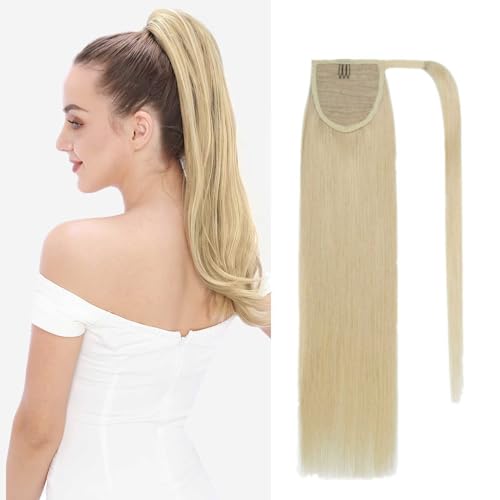 Benehair Ponytail Extension Echthaar, 100% Echthaar Zopf Extensions Echthaar, Wrap Around Ponytail für Frauen, Platinblond Pferdeschwanz Echtes Haar Haarverlängerung 40 CM 80g #60 von Benehair