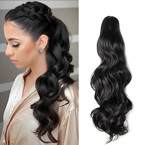 Benehair Pferdeschwanz Extensions 45 CM Lang Gewickelt Haarteil Ponytail Extensions mit Clip Zopf Haar Haarverlängerunge Lockiger Pferdeschwanz Extensions für Damen Zopf Ponytail,140g #1W von Benehair