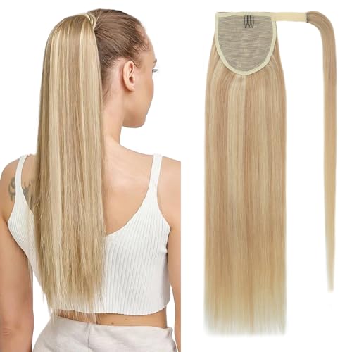 Benehair Ponytail Extension Echthaar, 100% Echthaar Zopf Extensions Echthaar, Wrap Around Ponytail für Frauen, Blond Highlights Bleichblond Pferdeschwanz Echtes Haar Haarverlängerung 55CM 95g #18P613 von Benehair
