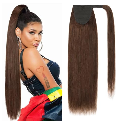 Benehair Ponytail Extension Echthaar, Zopf Extensions Echthaar, Wrap Around Echthaars Ponytail für Frauen, Dunkel Braun Pferdeschwanz Echtes Haar Haarverlängerung 55 CM 95g #2 von Benehair