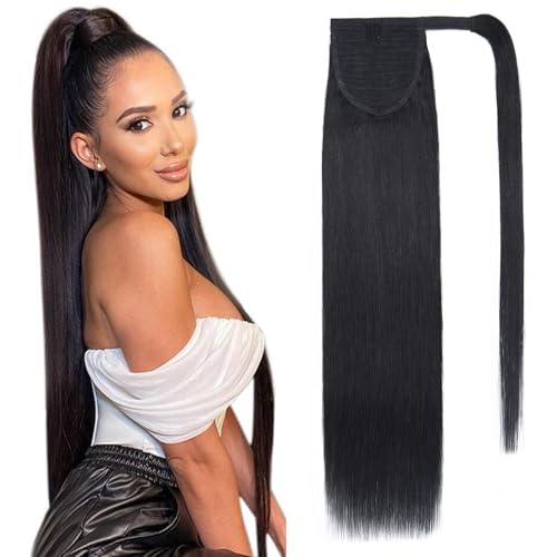 Benehair Ponytail Extension Echthaar, Zopf Extensions Echthaar, Wrap Around Echthaars Ponytail für Frauen, Dunkles Schwarz Pferdeschwanz Echtes Haar Haarverlängerung 45 CM 90g #1 von Benehair