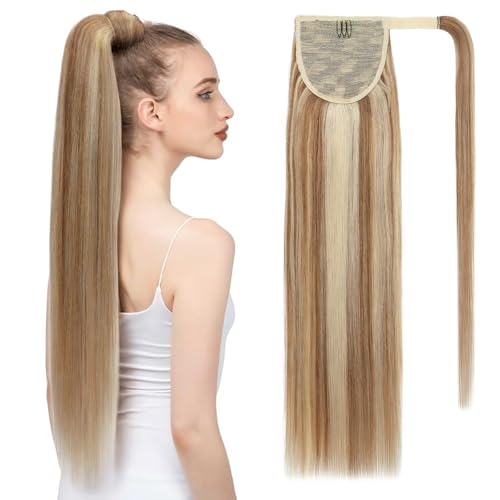 Benehair Ponytail Extension Echthaar, Zopf Extensions Echthaar, Wrap Around Echthaars Ponytail für Frauen, Flachsgelb Gemischtes Hellgold Pferdeschwanz Echtes Haar Haarverlängerung 40CM 80g von Benehair