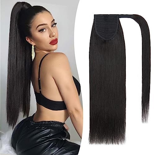 Benehair Ponytail Extension Echthaar, 100% Echthaar Zopf Extensions Echthaar, Wrap Around Ponytail für Frauen, Natürliches Schwarz Pferdeschwanz Echtes Haar Haarverlängerung 35 CM 80g #1B von Benehair