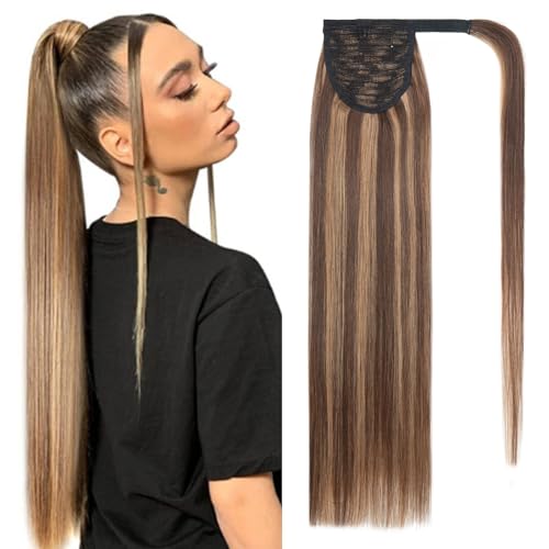 Benehair Ponytail Extension Echthaar, Zopf Extensions Echthaar, Wrap Around Echthaars Ponytail für Frauen, Schokoladen Braun mix Hellbraun Pferdeschwanz Echtes Haar Haarverlängerung 45CM 90g #4P27 von Benehair
