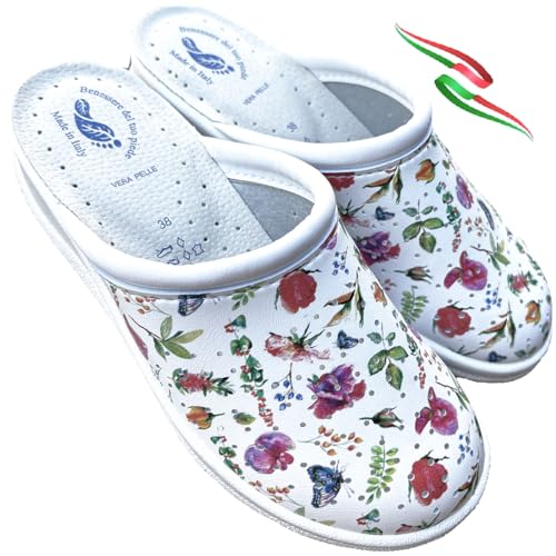 Sanitär-Hausschuhe für Damen, leicht, geschlossene Spitze, Spring, weiche Einlegesohle, echtes Leder, leise Unterseite, hergestellt in Italien, Weiß Spring, 37 EU Sanitär-Hausschuhe für Damen, leicht, geschlossene Spitze, Spring, weiche Einlegesohle, echtes Leder, leise Unterseite, hergestellt in Italien, Weiß Spring, 37 EU von Benessere del tuo piede